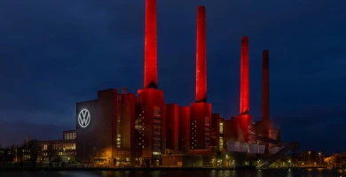 Wolfsburg, Germany - dec 18th 2020: Volkswagen Autostadt and car plant are prominent landmarks of Wolfsburg. Both are beautifully illuminated for holiday season.