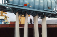 Novorossiysk, Russia - August 11, 2017: spillage of saltpeter from the car into the hold of the tanker. Loading of mineral fertilizers in the ship's hold.